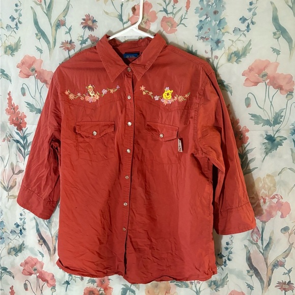 Disney Women's Coral Button Down Shirt with Winnie the Pooh Embroidery - Picture 2 of 13